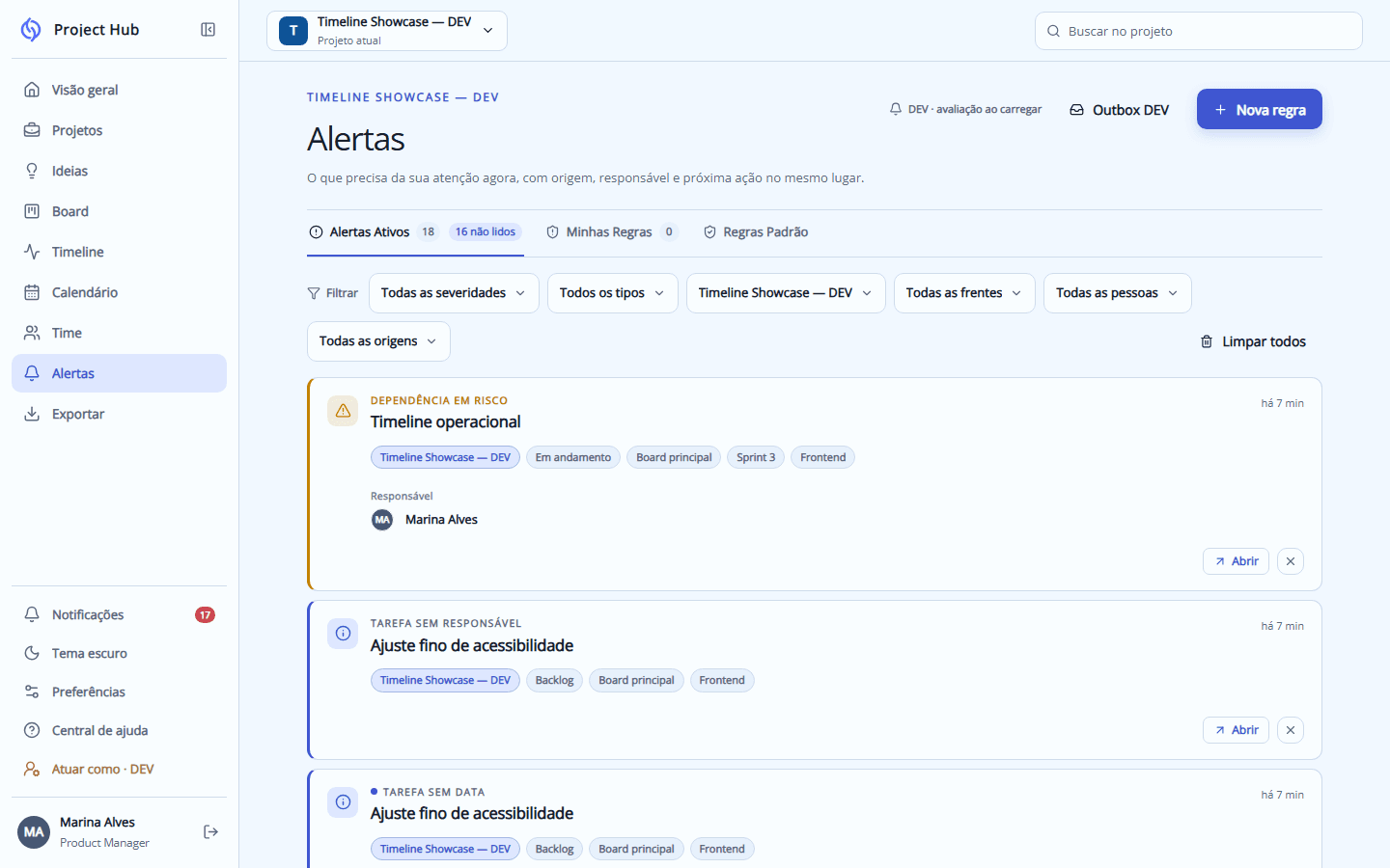 Tela Alertas do Project Hub